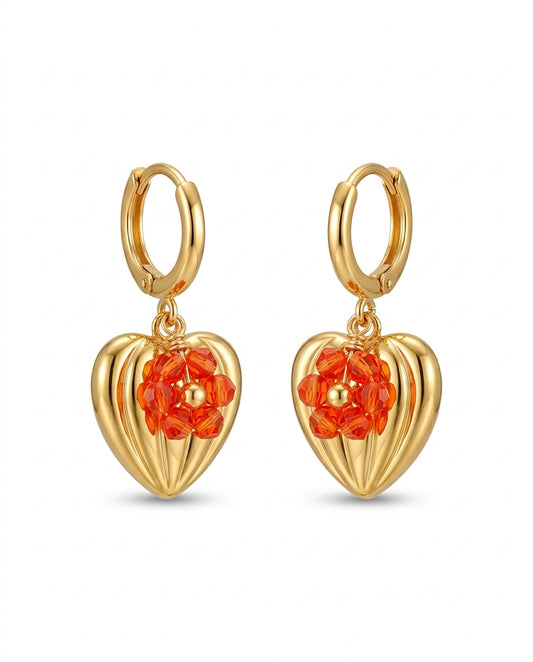 Aretes Candongas Corazón Flor Roja 18k | Amorisa Accesorios