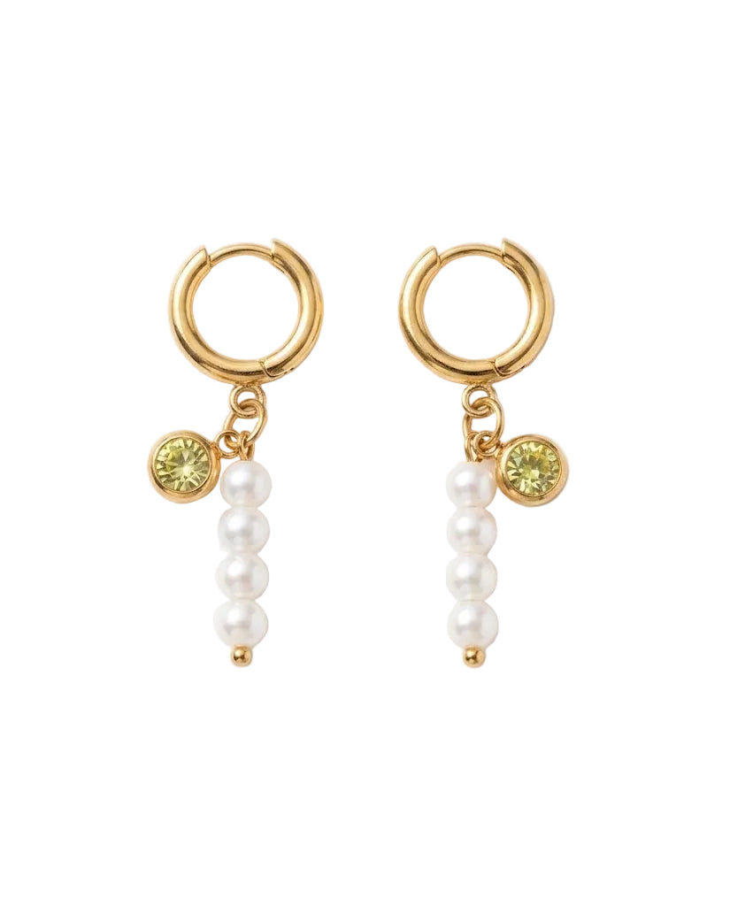 Aretes de candonga dorados de acero con dijes colgantes de perlas rosadas y cristal amarillo 18k