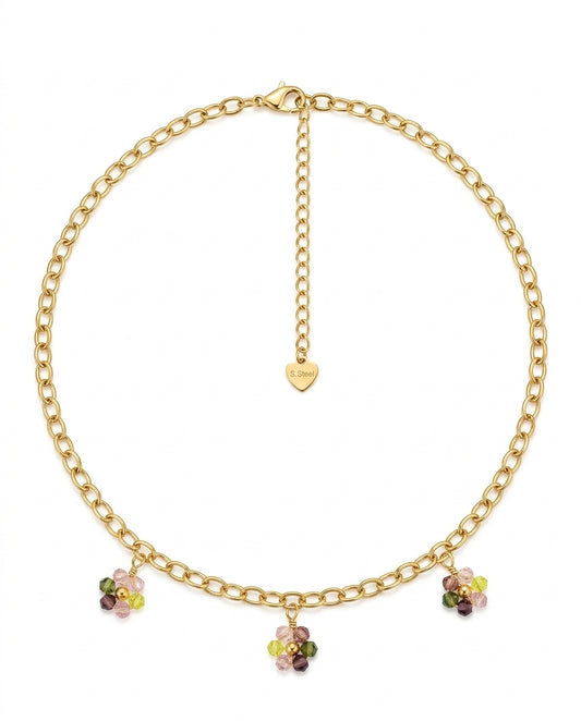 Collar de Eslabones Dorados con Flores Pastel 18k | Amorisa Accesorios