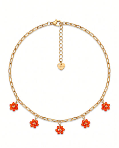 Collar de Eslabones Dorados con Flores Rojas 18k | Amorisa Accesorios