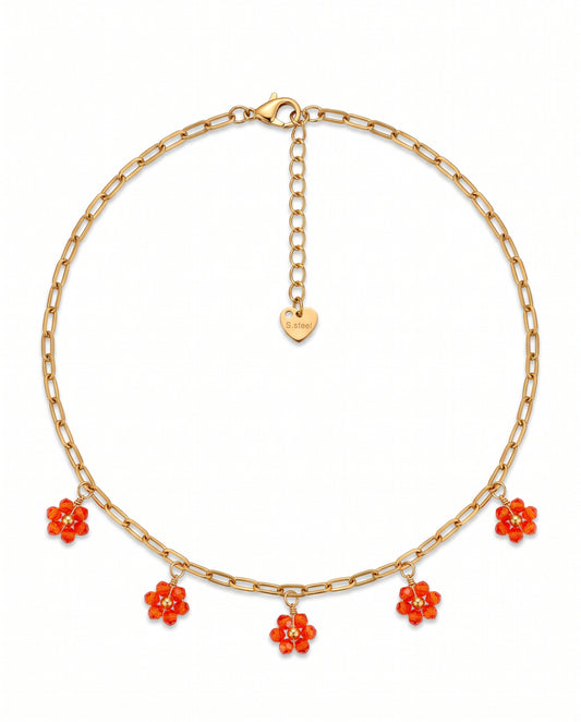 Collar de Eslabones Dorados con Flores Rojas 18k | Amorisa Accesorios